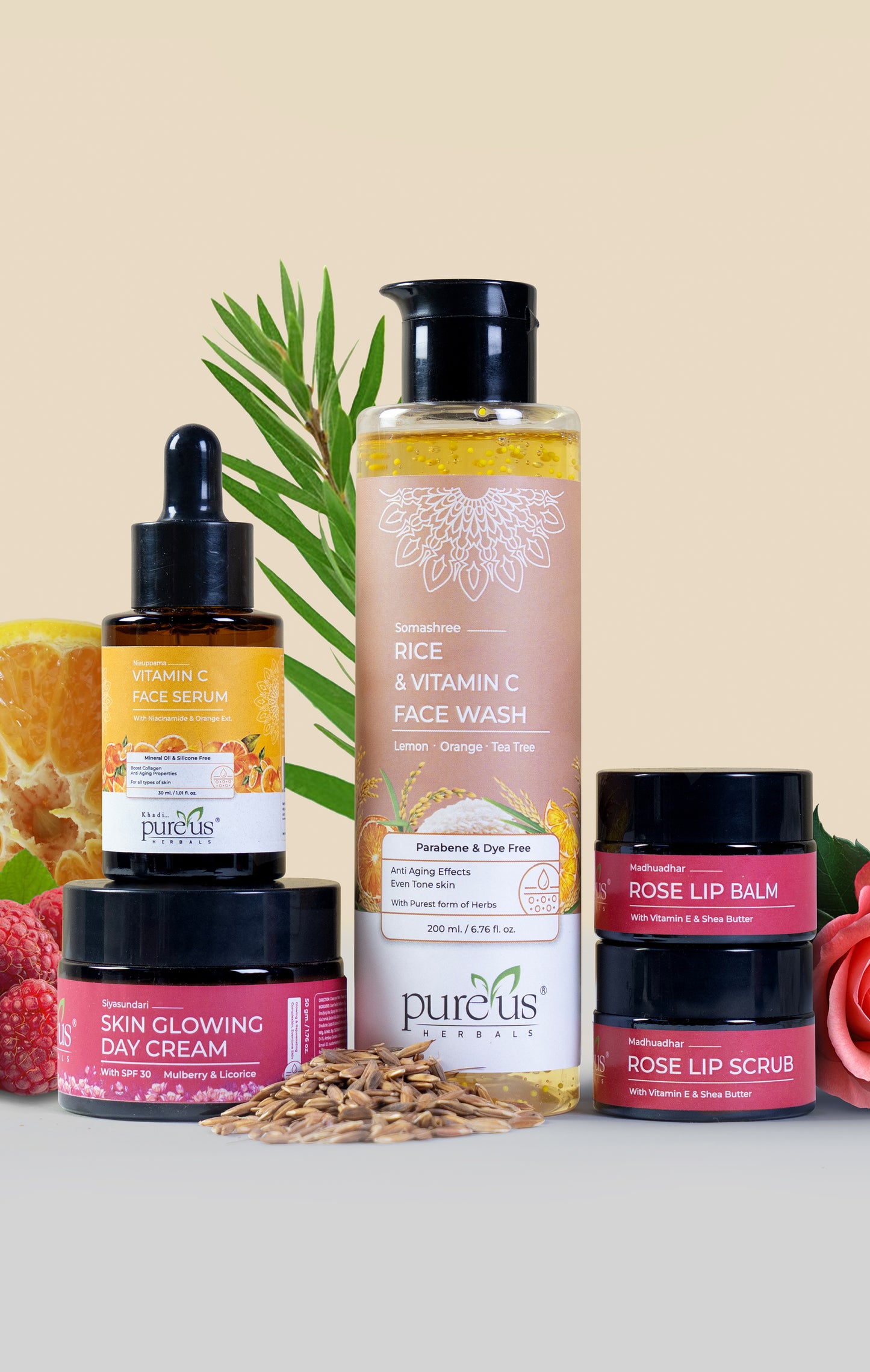 Pureus Herbals Skin Glowing Combo Kit | Rice Water Face Wash + Vitamin C Face Serum + Skin Glowing Day Cream with SPF 30 + Rose Lip Balm & Rose Lip Scrub