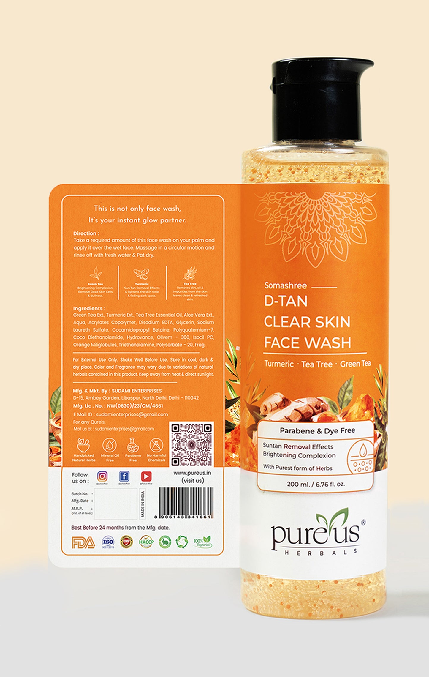 Somashree De Tan Face Wash for Tan Free Glowing Skin & Sun Tan Protection