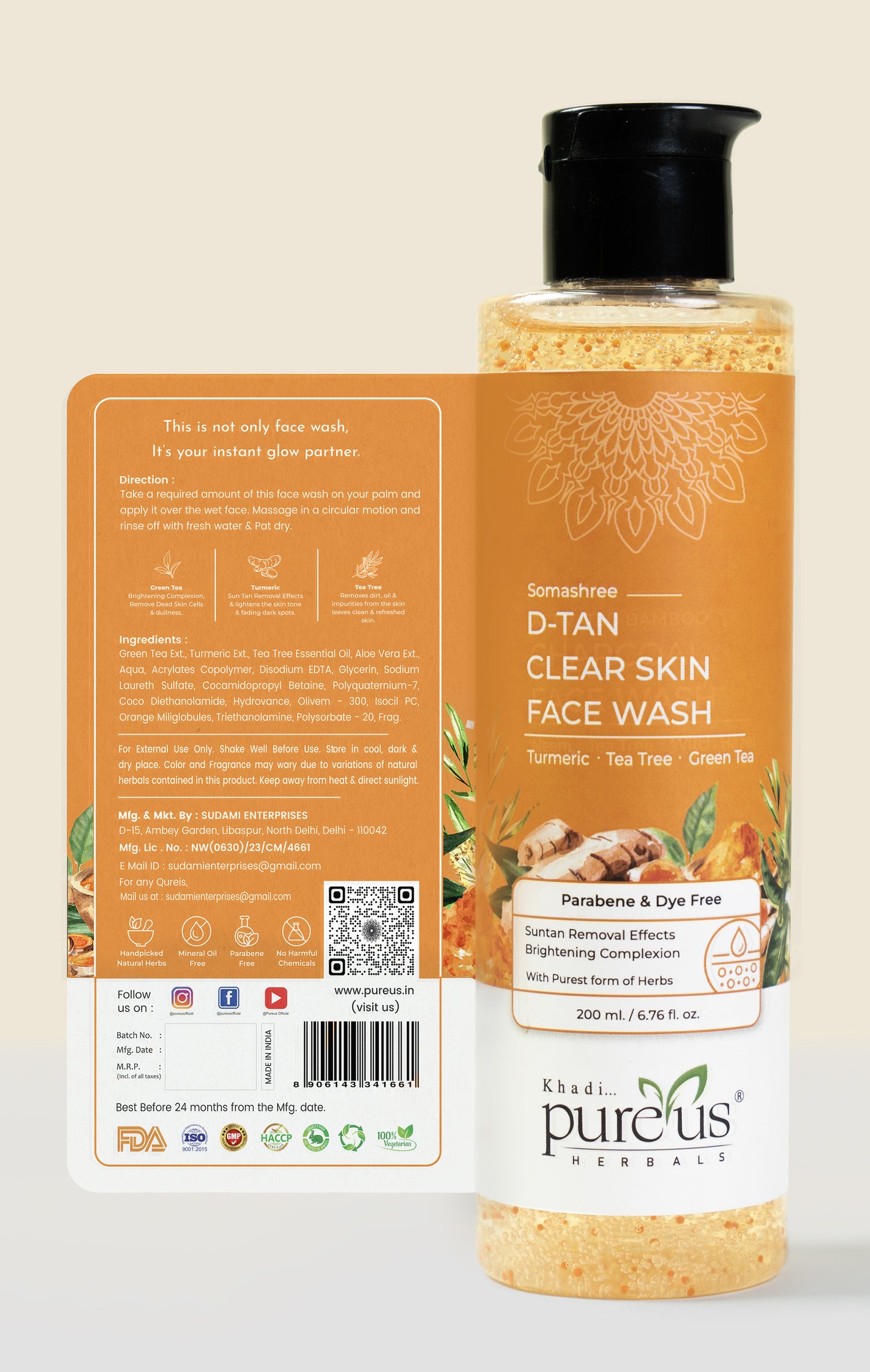 Somashree De Tan Face Wash for Tan Free Glowing Skin & Sun Tan Protection