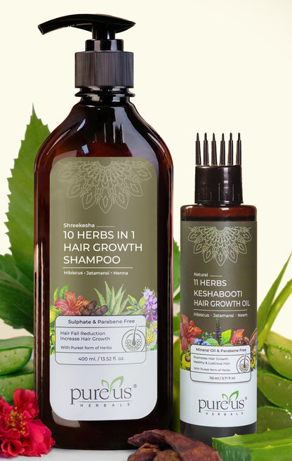 10 Herbs in 1 Hair Growth Shampoo & 11 Herbs Keshabooti Hair Growth Oil Combo for Hair Growth