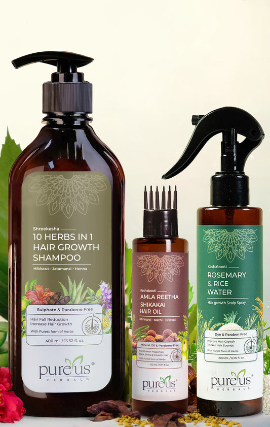 Hair Fall Control Kit - 10 Herbs in 1 Shampoo, Amla Reetha Shikakai Hair Oil  Rosemary Rice Water Spray (710 ml)