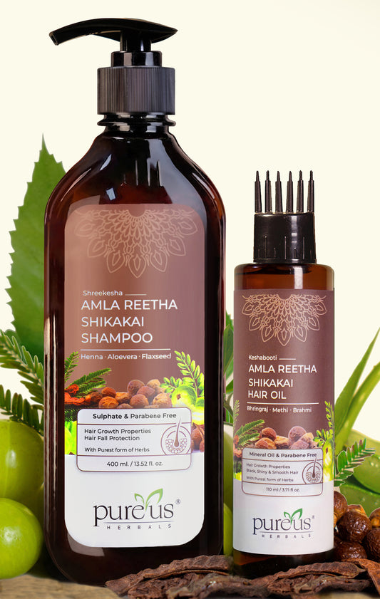 Amla Reetha Shikakai Shampoo & Hair Oil Combo – Ayurvedic Hair Fall Control & Hair Growth Solution