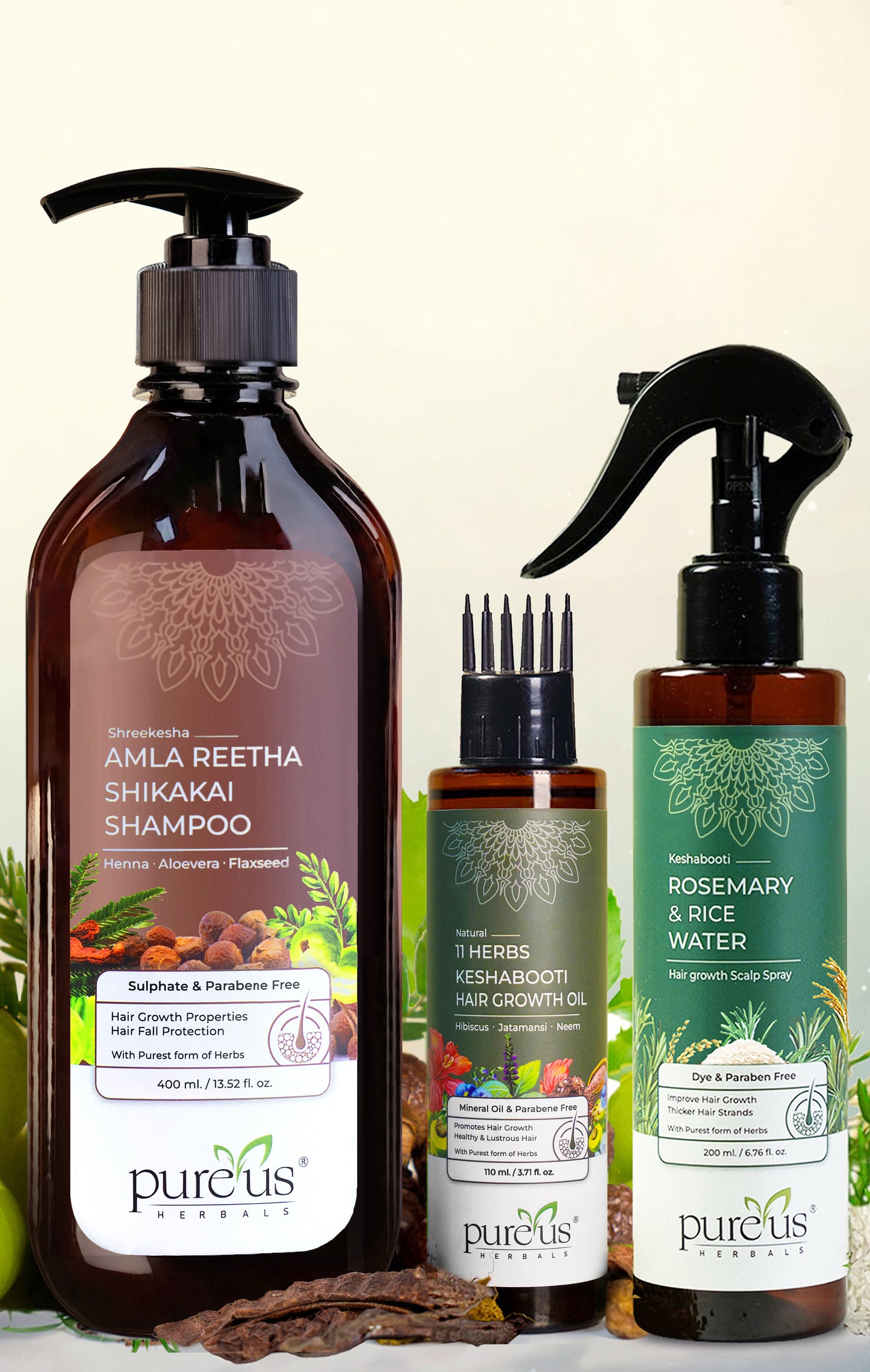 Amla Reetha Shikakai Shampoo, 11 Herbs Keshabooti Hair Growth Oil & Rosemary Rice Water Spray - Hair Growth combo (710 ml)