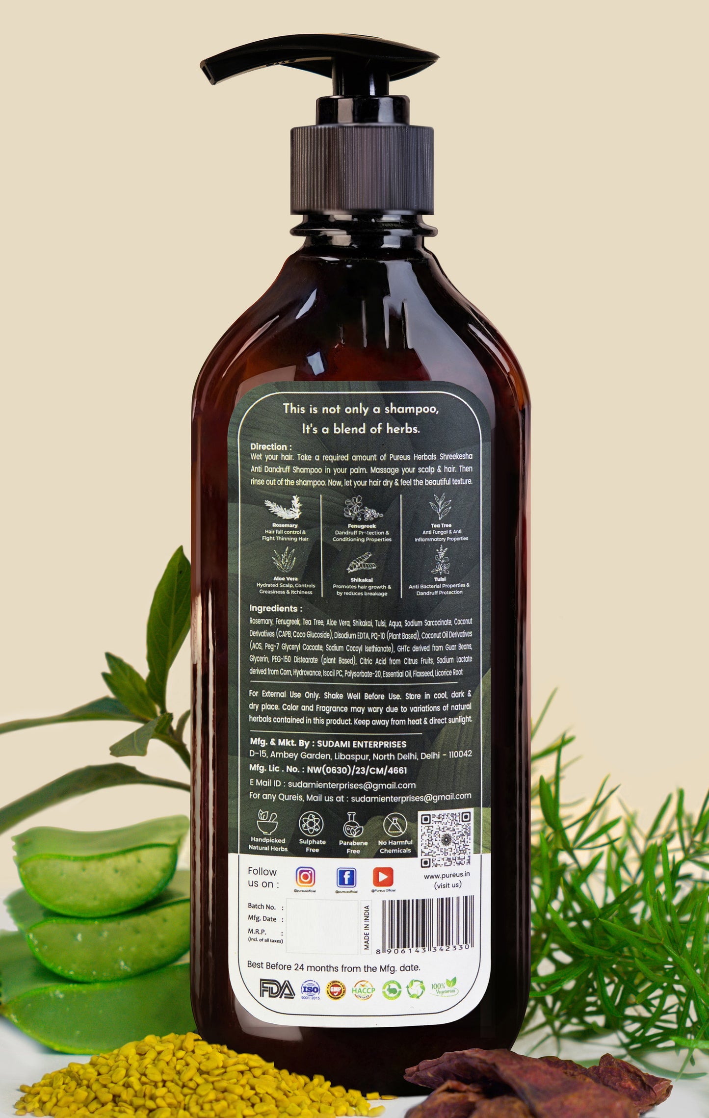 Pureus Herbals Shreekesha Anti Danruff Shampoo for Healthy Scalp (350 ml)