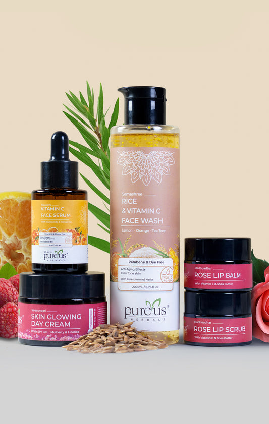 Pureus Herbals Skin Glowing Combo Kit | Rice Water Face Wash + Vitamin C Face Serum + Skin Glowing Day Cream with SPF 30 + Rose Lip Balm & Rose Lip Scrub