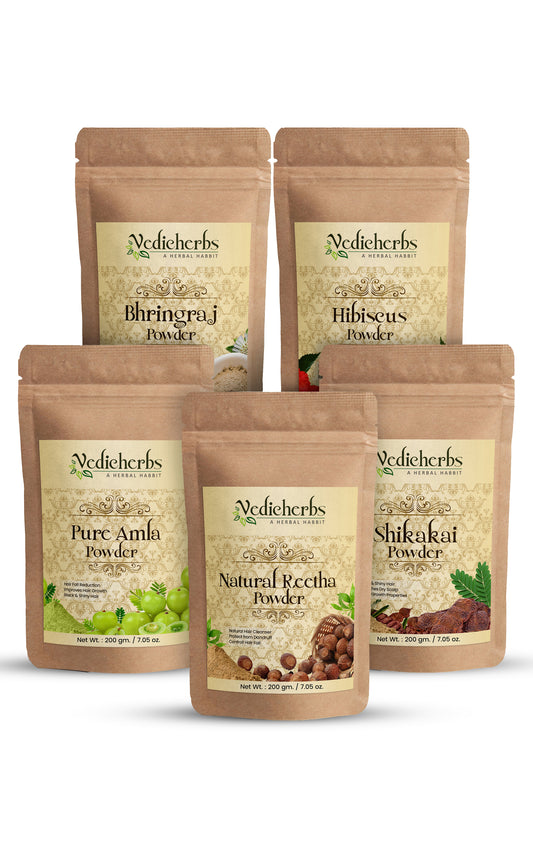 Vedicherbs Pure Amla, Reetha, Shikakai, Bhringraj & Hibiscus Powder - Hair Pack Mask for Hair Growth