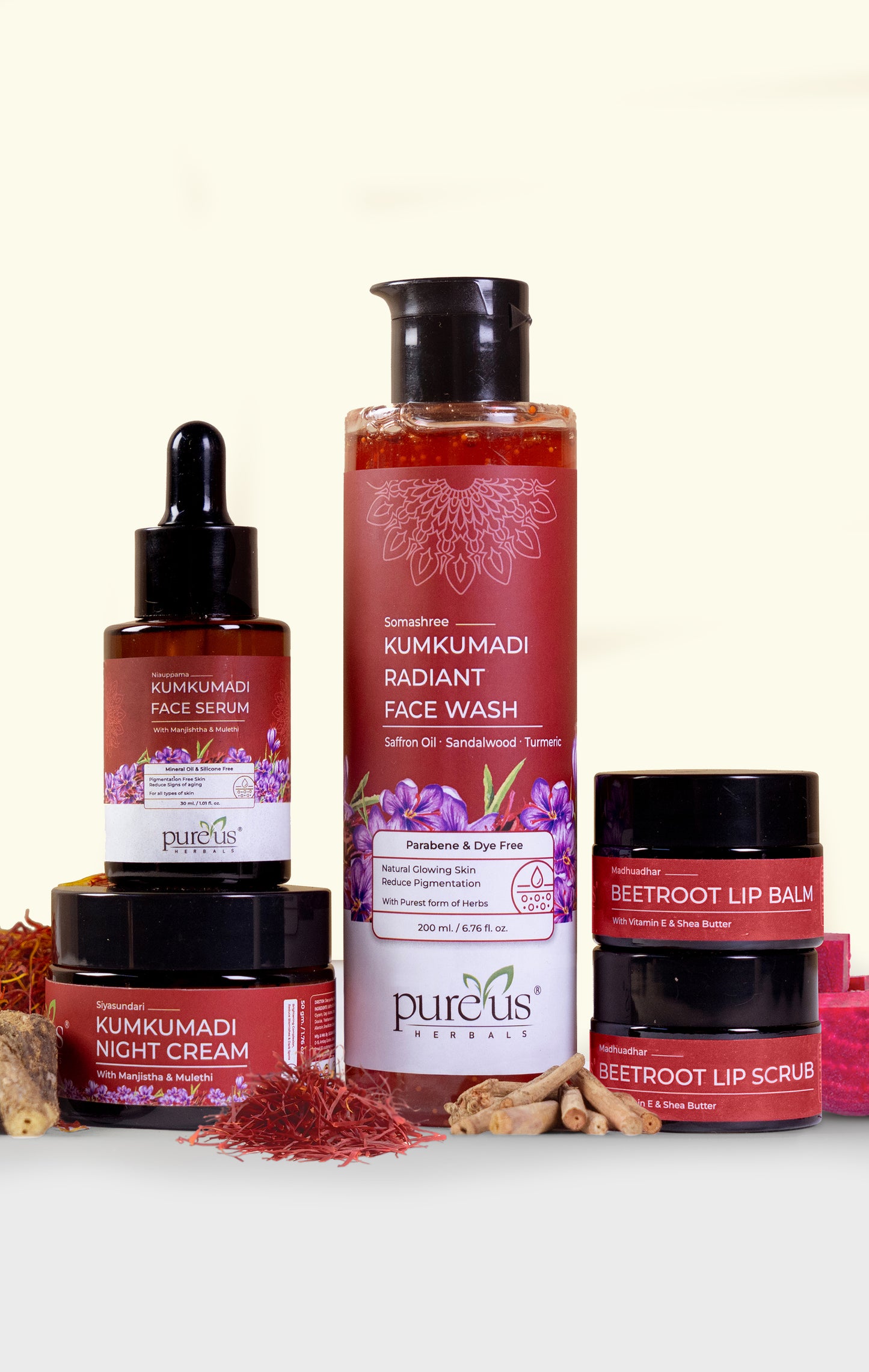 Pureus Herbals Kumkumadi Skin Care Combo Kit | Kumkumadi Face Wash + Face Serum + Night Cream + Beetroot Lip Balm & Lip Scrub