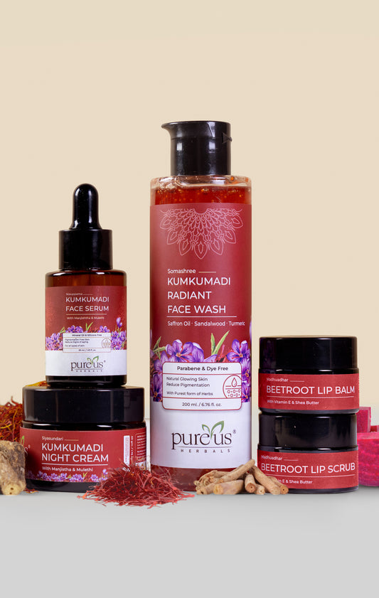 Pureus Herbals Kumkumadi Skin Care Combo Kit | Kumkumadi Face Wash + Face Serum + Night Cream + Beetroot Lip Balm & Lip Scrub