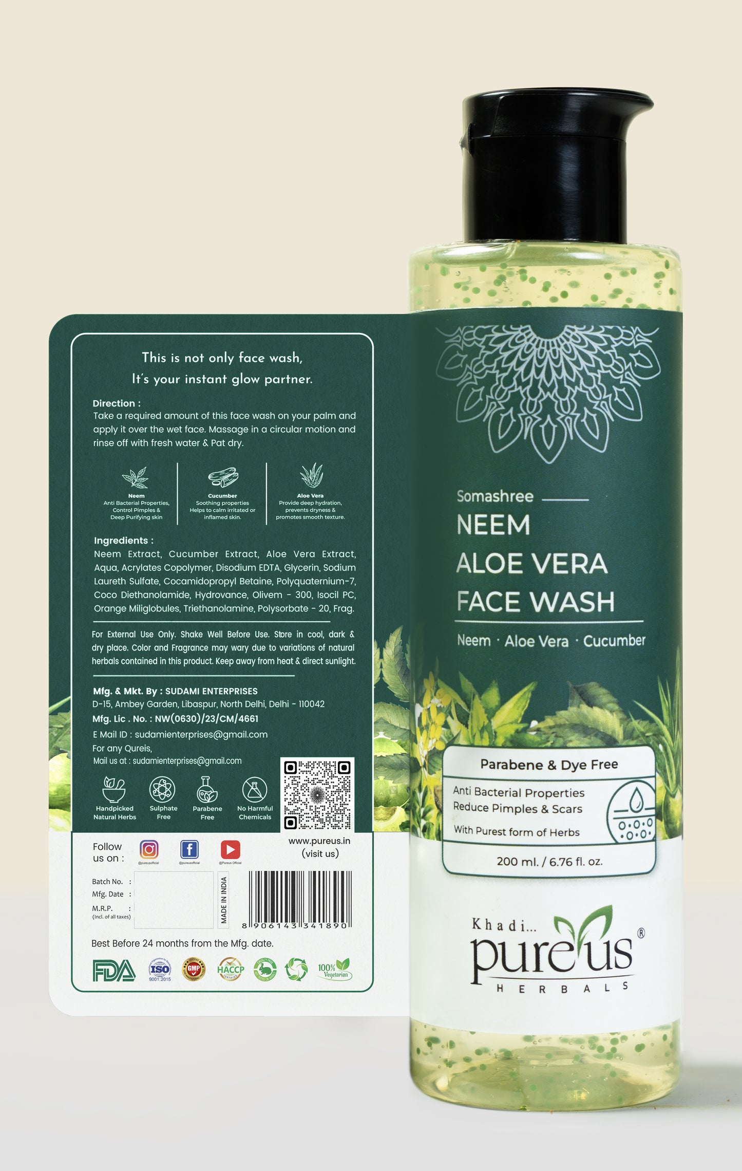 Somashree Neem Aloe Vera Face Wash for Pimples free Glowing & Purifying Skin