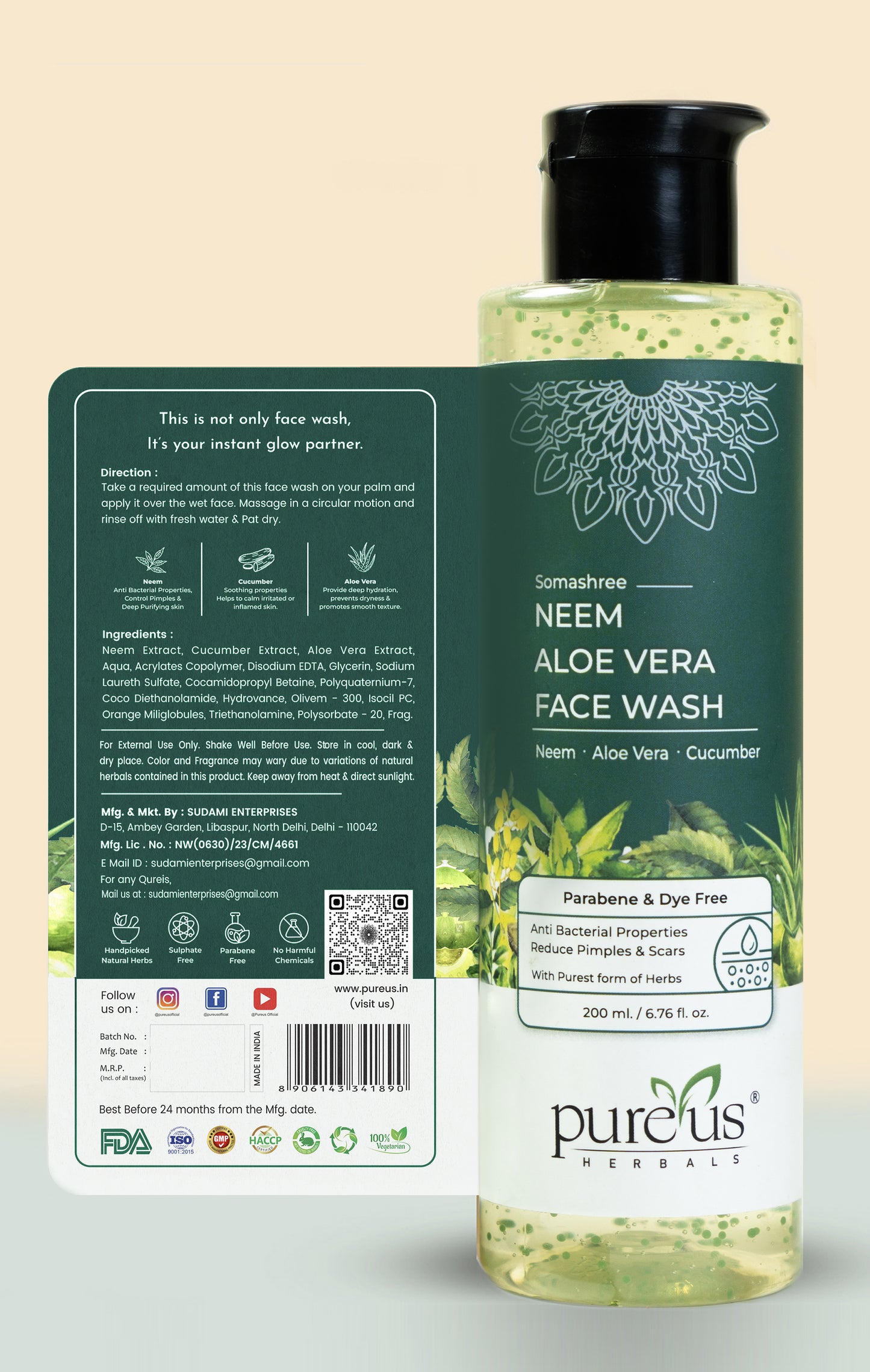 Somashree Neem Aloe Vera Face Wash for Pimples free Glowing & Purifying Skin
