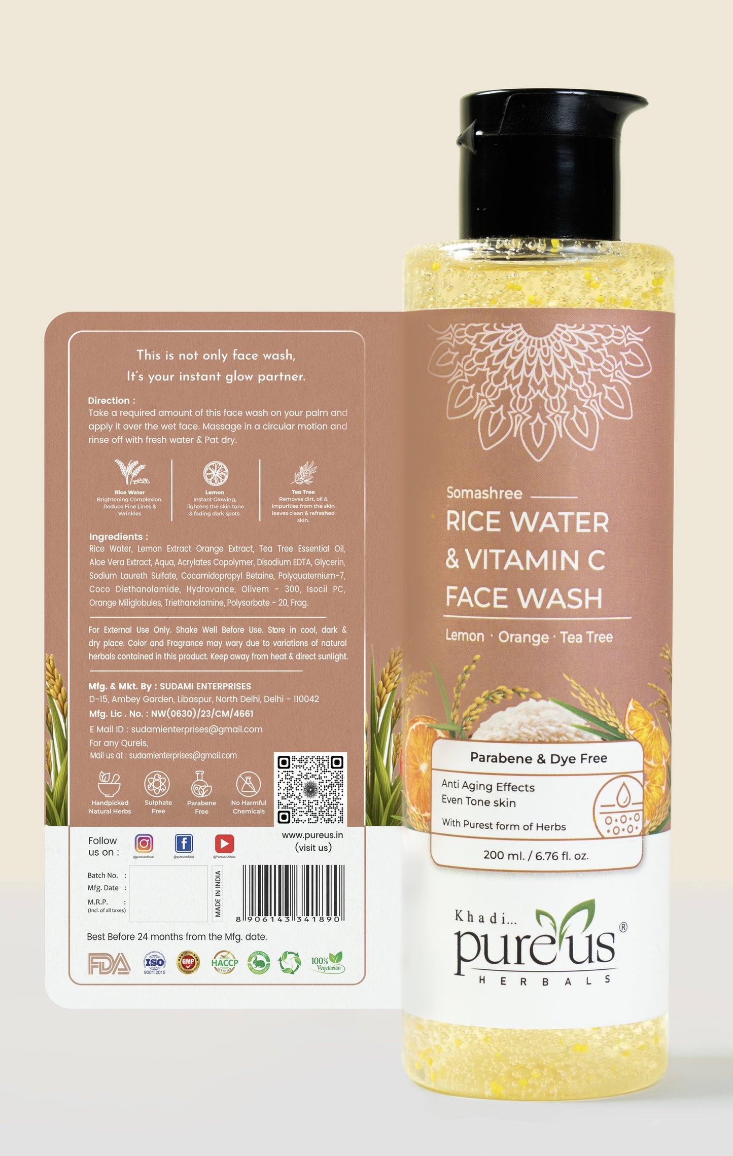 Somashree Rice Water & Vitamin C Face Wash for Glowing Skin & Pigmentation